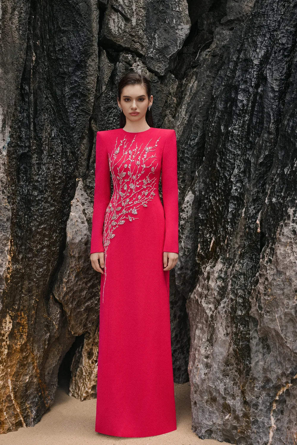Padded Shoulder Crystal Embellished Straight Dress